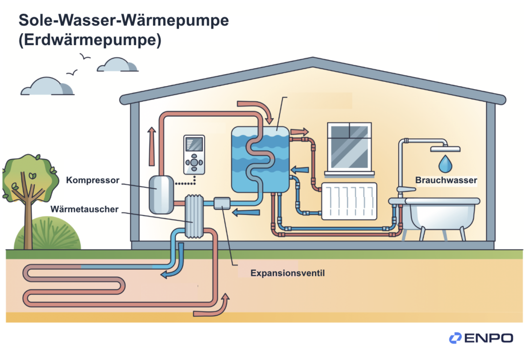 Schematische Darstellung einer Sole-Wasser-Wärmepumpe bzw. einer Erdwärmepumpe